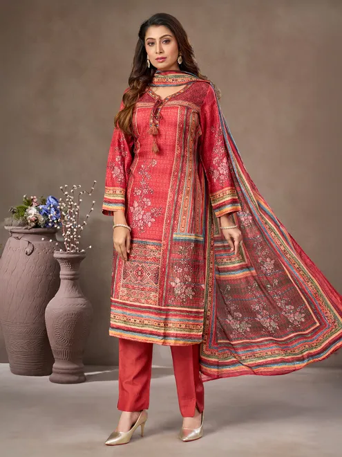 Red silk salwar suit with keyhole neckline