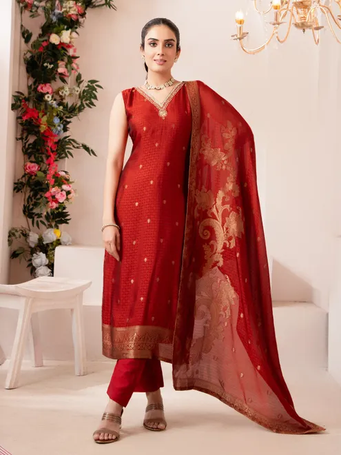 Red silk salwar suit with opulent wedding zardosi grandeur