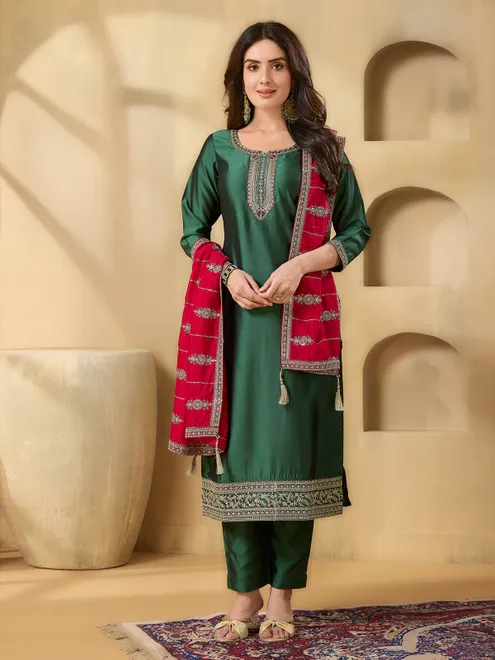 Green silk straight cut wedding salwar suit