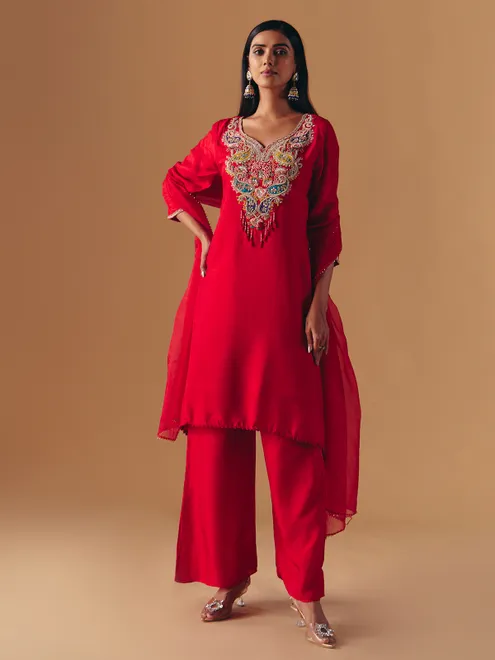Red silk sweetheart neck palazzo suit