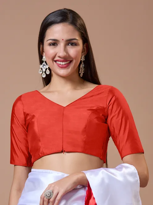 Red silk V neck comfort fit ready made blouse