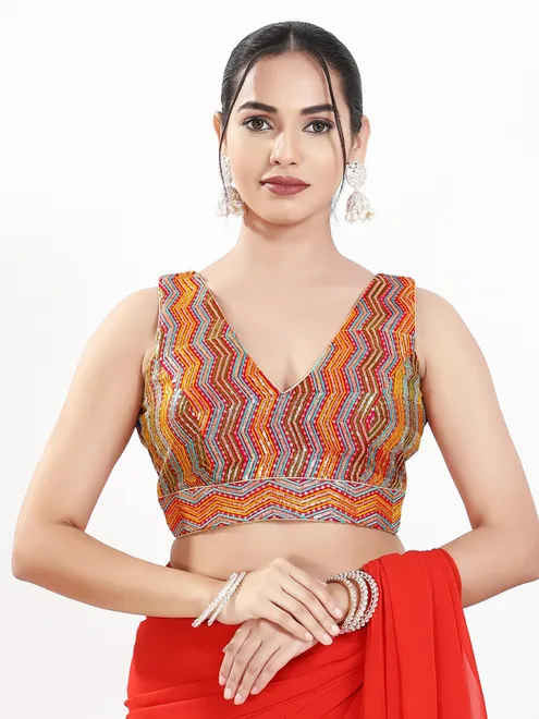 Red silk V neck sleeveless embroidered work blouse