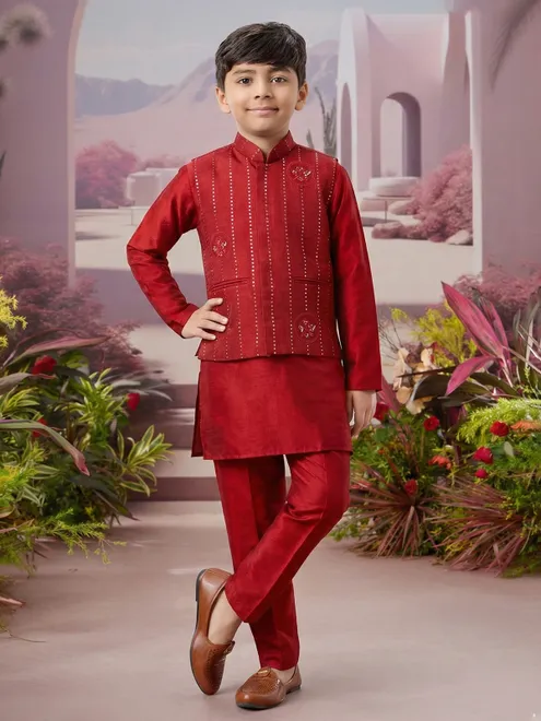 Red silk waistcoat set with festive detailing