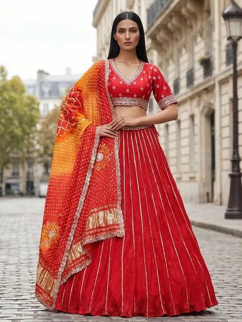 Red silk wedding wear lehenga choli with bandhej print dupatta