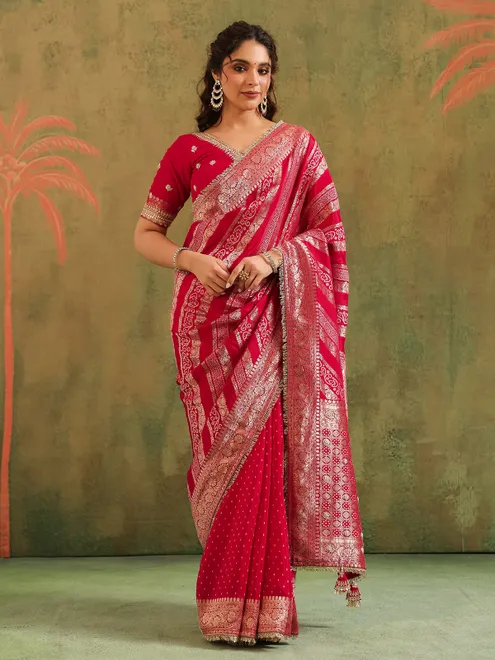 Red silk wedding wear saree with zari work