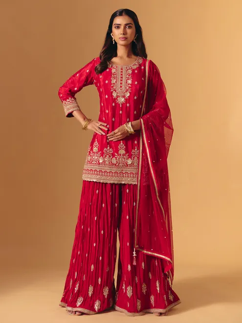 Red silk zardosi work quarter sleeve palazzo suit