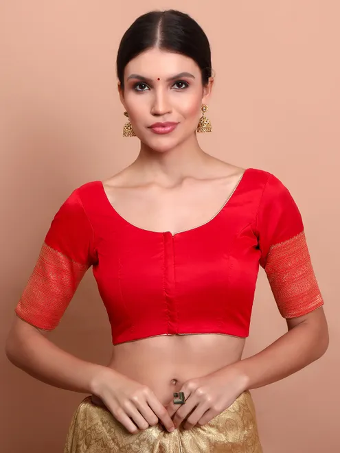 Red silk zari embellished round neck ready made blouse