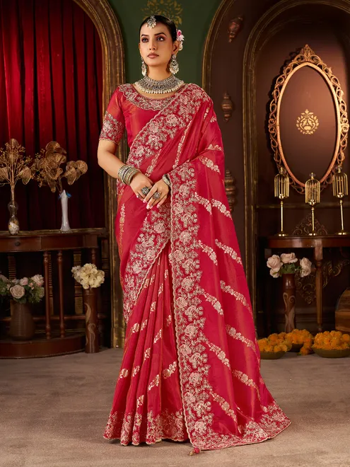 Red soft silk zardosi and embroidered work saree