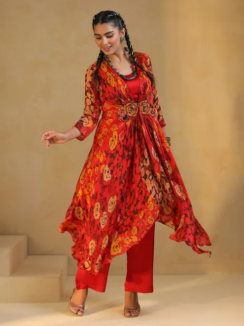 Red stylish printed silk kurti set for festival