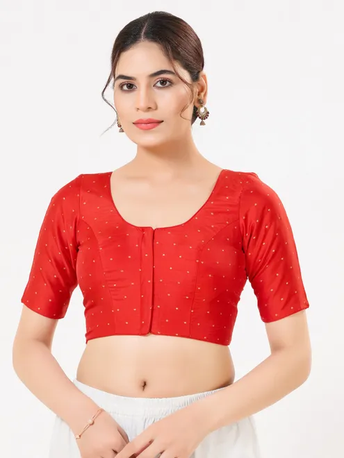 Red tafeta silk zari round neck blouse