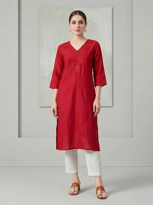 Red tone on tone embroidered cotton silk kurti