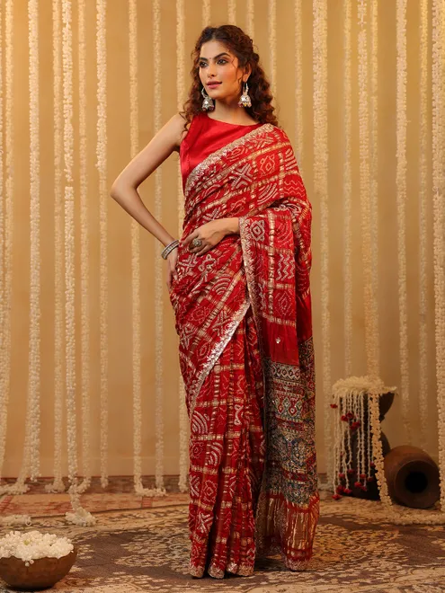 Red wedding wear bandhej silk saree with print