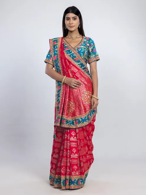 Red wedding wear saree in soft dola silk