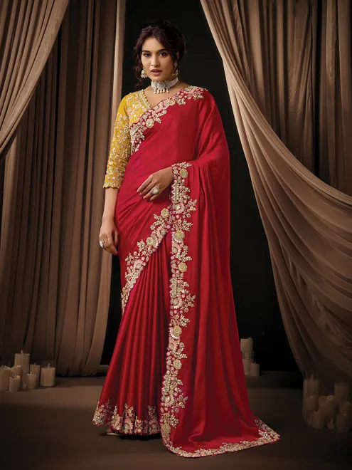 Red wedding wear satin silk saree with sequins and resham work