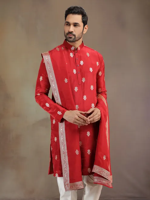 Red wedding wear silk kurta pajama with dupatta