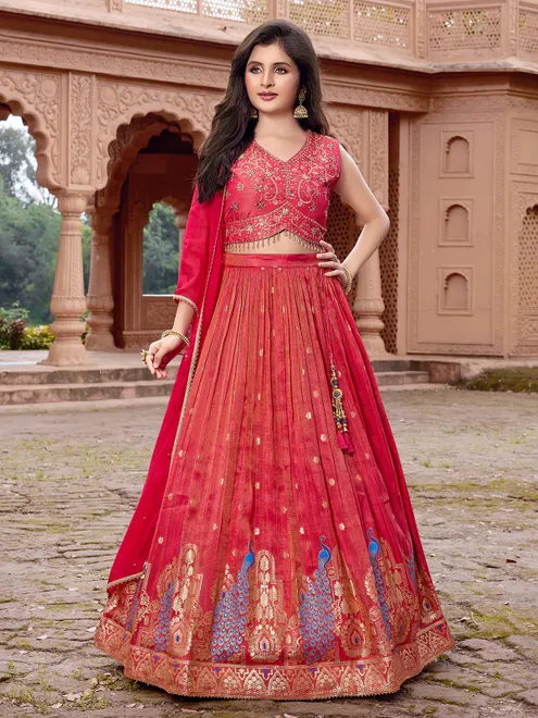 Red wedding wear silk lehenga choli with zari glow