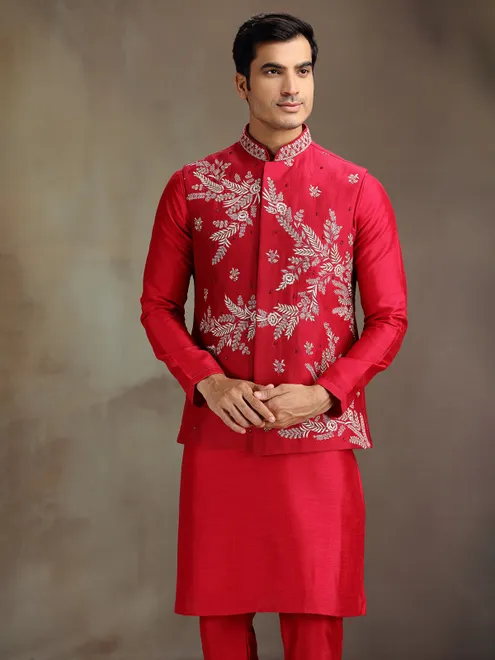 Red wedding wear silk waistcoat set for men