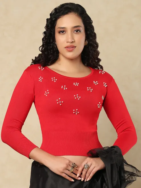 Red woolen pearl and diamond ready made blouse