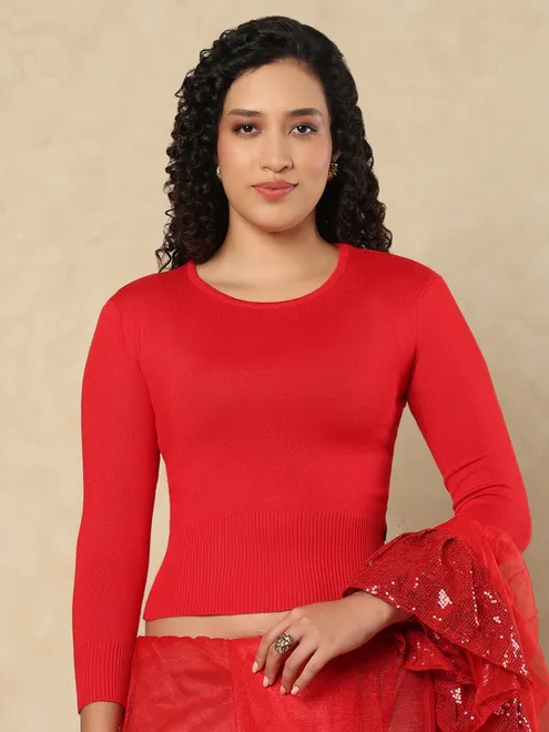 Red woolen solid round neck ready made blouse