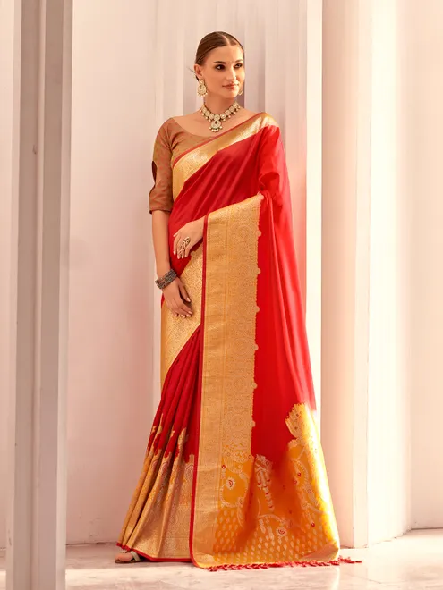 Red woven silk traditional zari saree