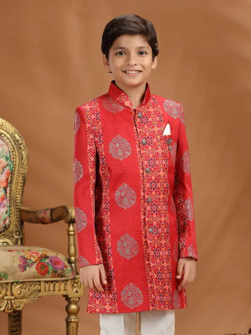 Red zari printed silk boys indo western pant set