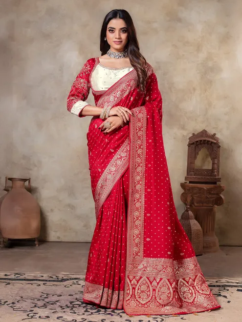 Red zari weaving dola silk saree for wedding wear
