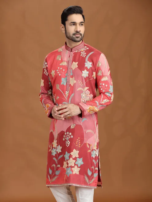 Reddish pink viscose kurta suit with aabla work