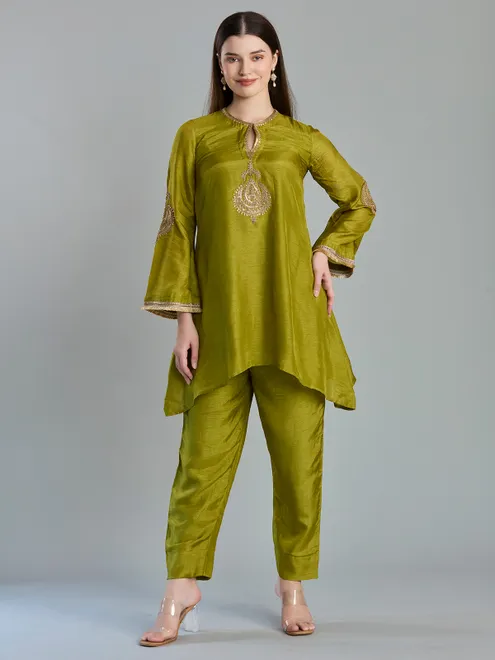 Refined light olive chanderi apple cut salwar suit