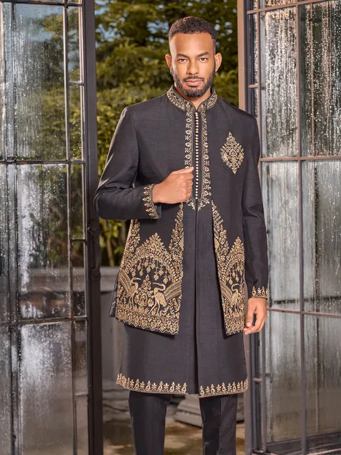 Regal dark grey art silk aabla work indo western