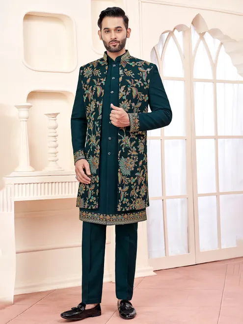 Regal forest green indowestern for wedding opulence