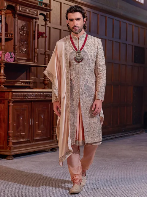 Regal gold peacock pattern art silk sherwani