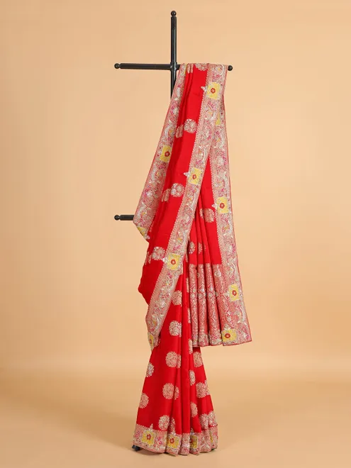 Regal maroon silk sari with bandhej print