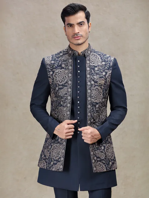 Regal navy indowestern for weddings and receptions