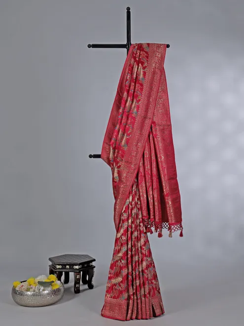 Regal red masru silk saree with zari weaving