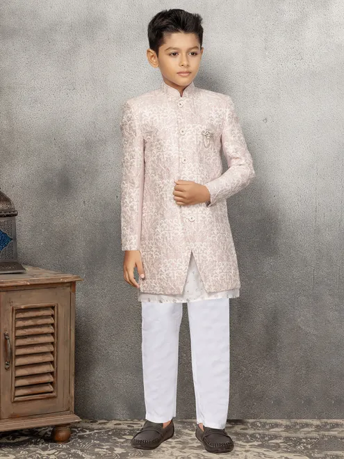 Rich light peach silk indowestern