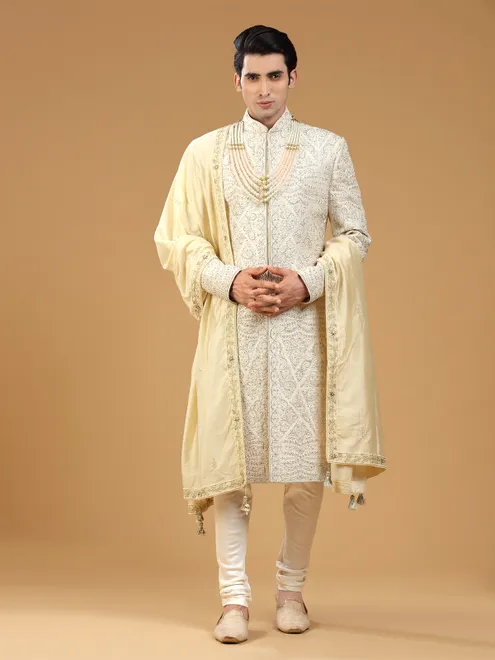 Rich raw silk sherwani in cream