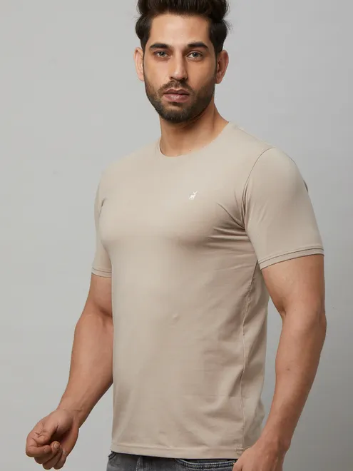 River Blue beige cotton slim fit t shirt