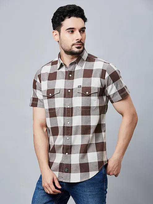 River Blue brown checks half sleeve shirt