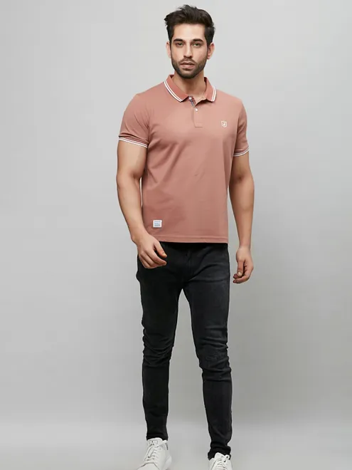 River Blue cotton brown plain t shirt