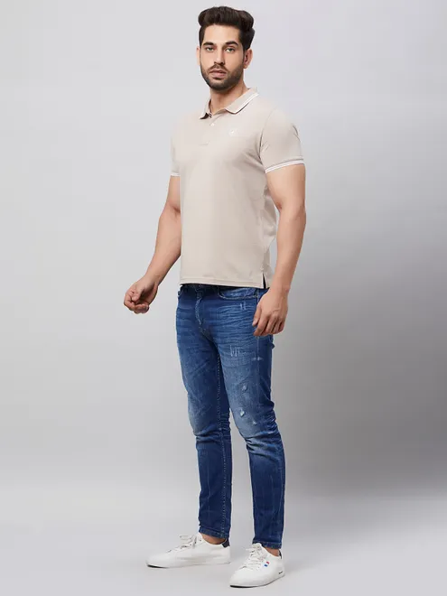 River Blue cotton fawn beige slim fit t shirt