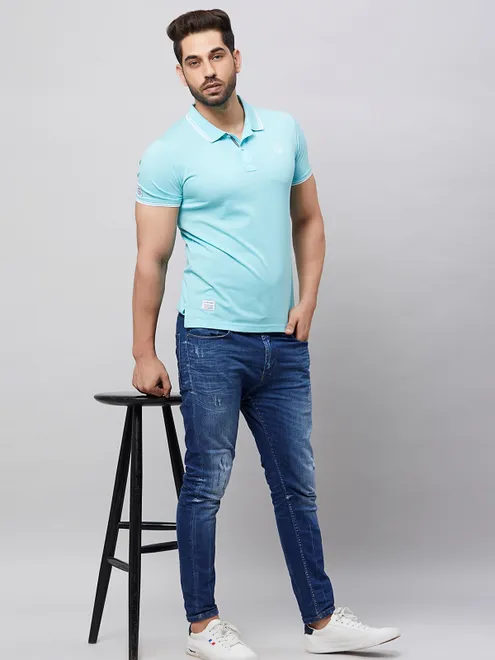 River Blue cotton sea blue plain t shirt