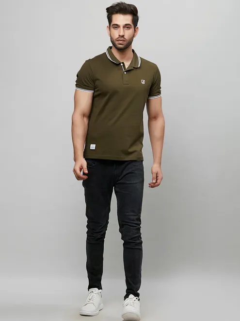 River Blue solid olive slim fit cotton polo t-shirt