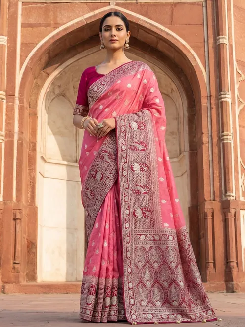 Rose pink peacock motif designer festive saree