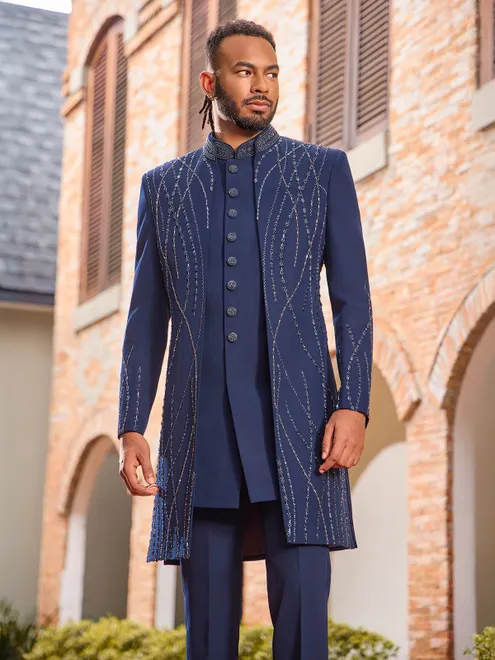 Royal blue art silk beaded indo western jacket