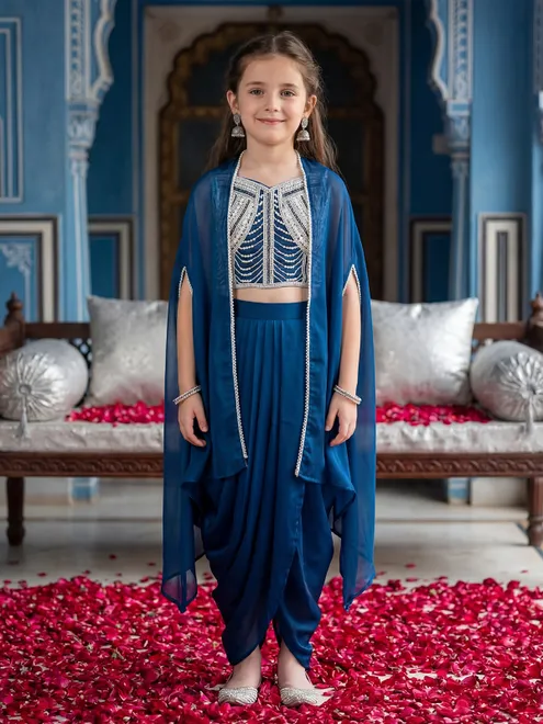 Royal blue chiffon dhoti suit with shrug