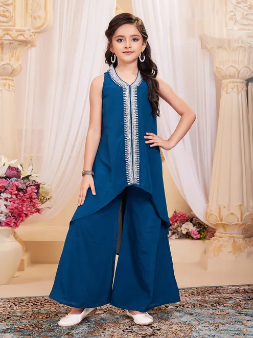 Royal blue silk designer mirror work palazzo suit
