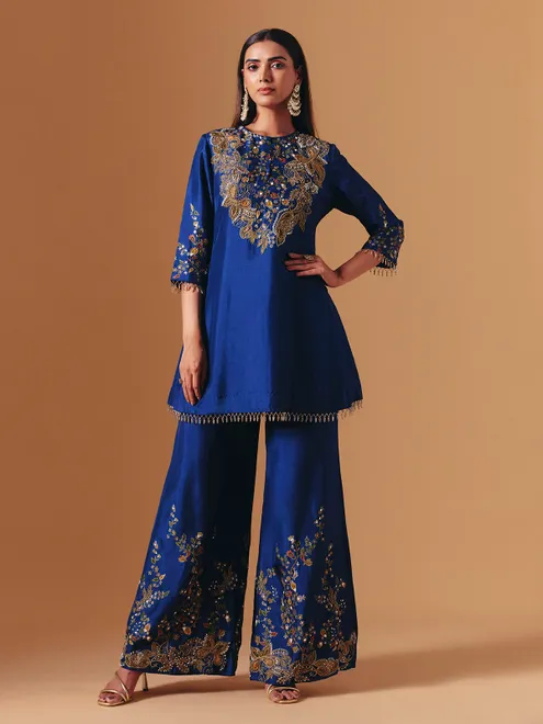 Royal blue silk floral palazzo suit with elegant yoke style