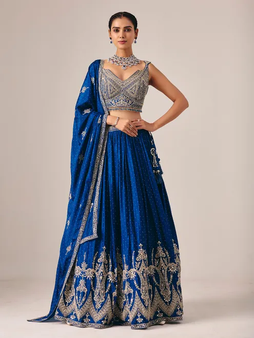 Royal blue silk lehenga choli with mirror and stone detailing