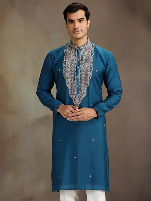 Royal blue silk sequined and beaded kurta suit