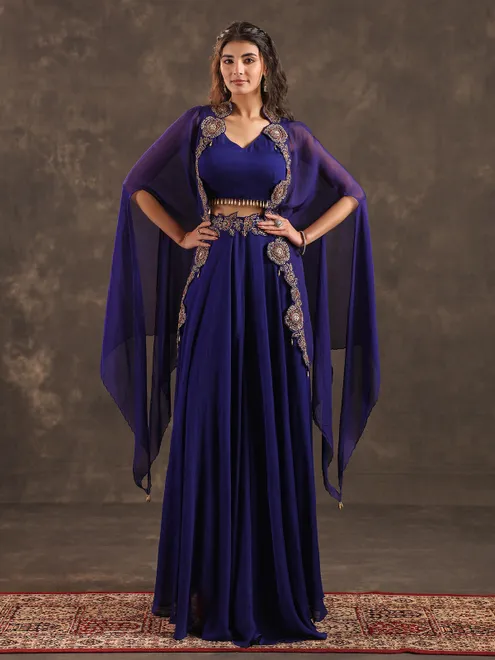 Royal blue viscose crepe designer palazzo suit with shrug